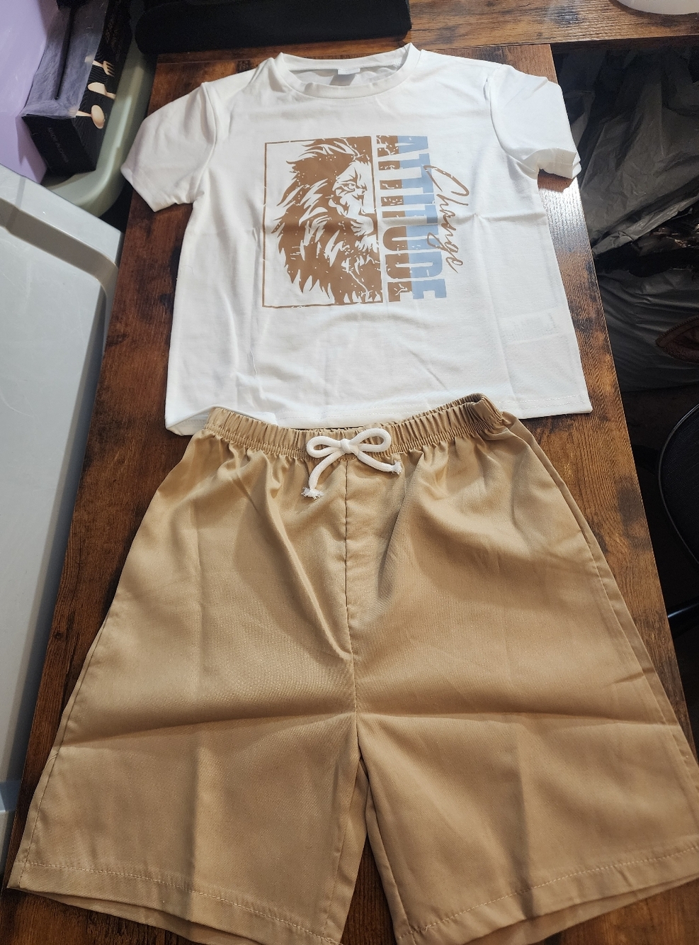 White Graphic 'Attitude' Lion Tee with Khaki Drawstring Shorts Summer Outfit Set